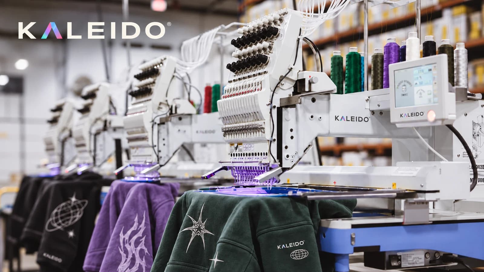 Kaleido editorial illustration of embroidery machines decorating garments